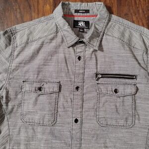 Rock & Republic Men's Black Striped Button-Up‎ Shirt L Stretch Zipper Pocket